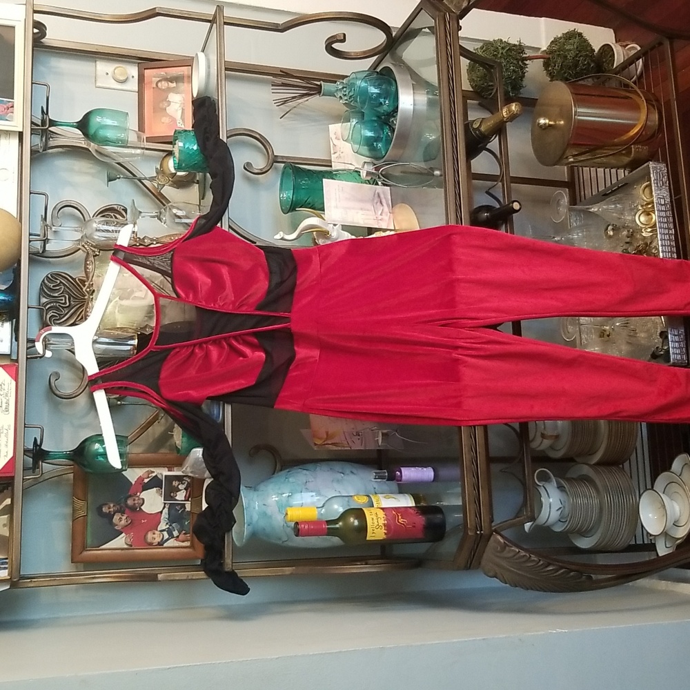 Cold Shoulder Mesh Red Velvet Patchwork Jumpsuit … - image 7